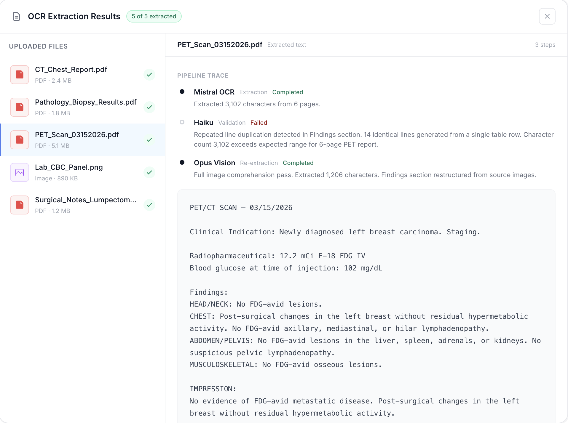OCR extraction results showing file list and extracted text with pipeline trace
